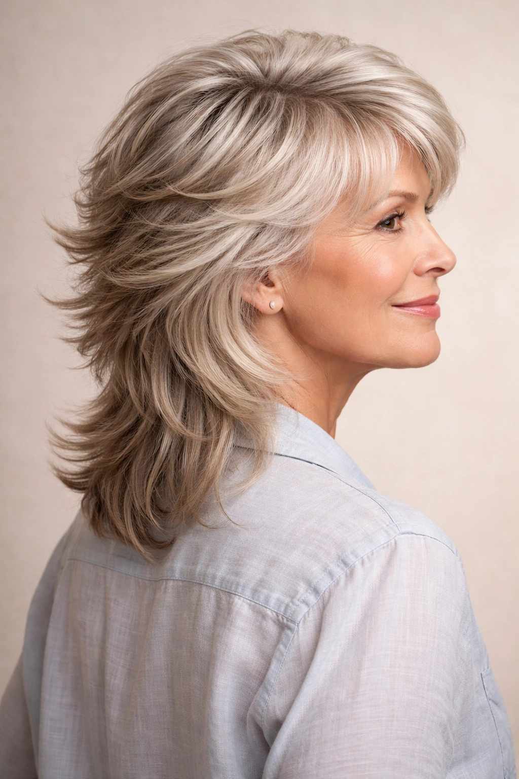 Close-up of an older woman with a modern feathered mullet showing layered top and short back