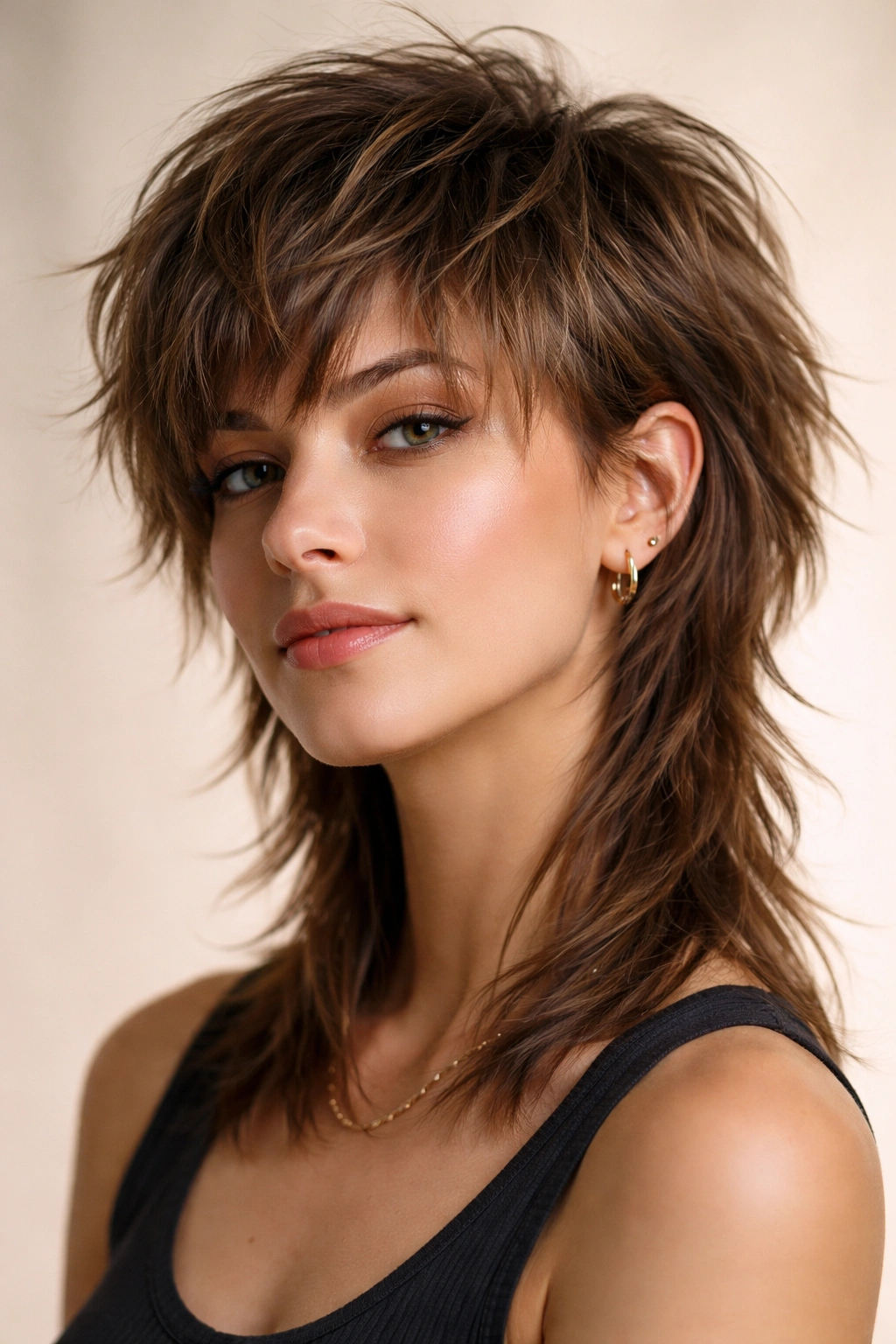 10 Feathered Short Haircuts With Soft Wispy Layers 8 Full head shot of a modern feathered mullet showing short sides and long feathered back