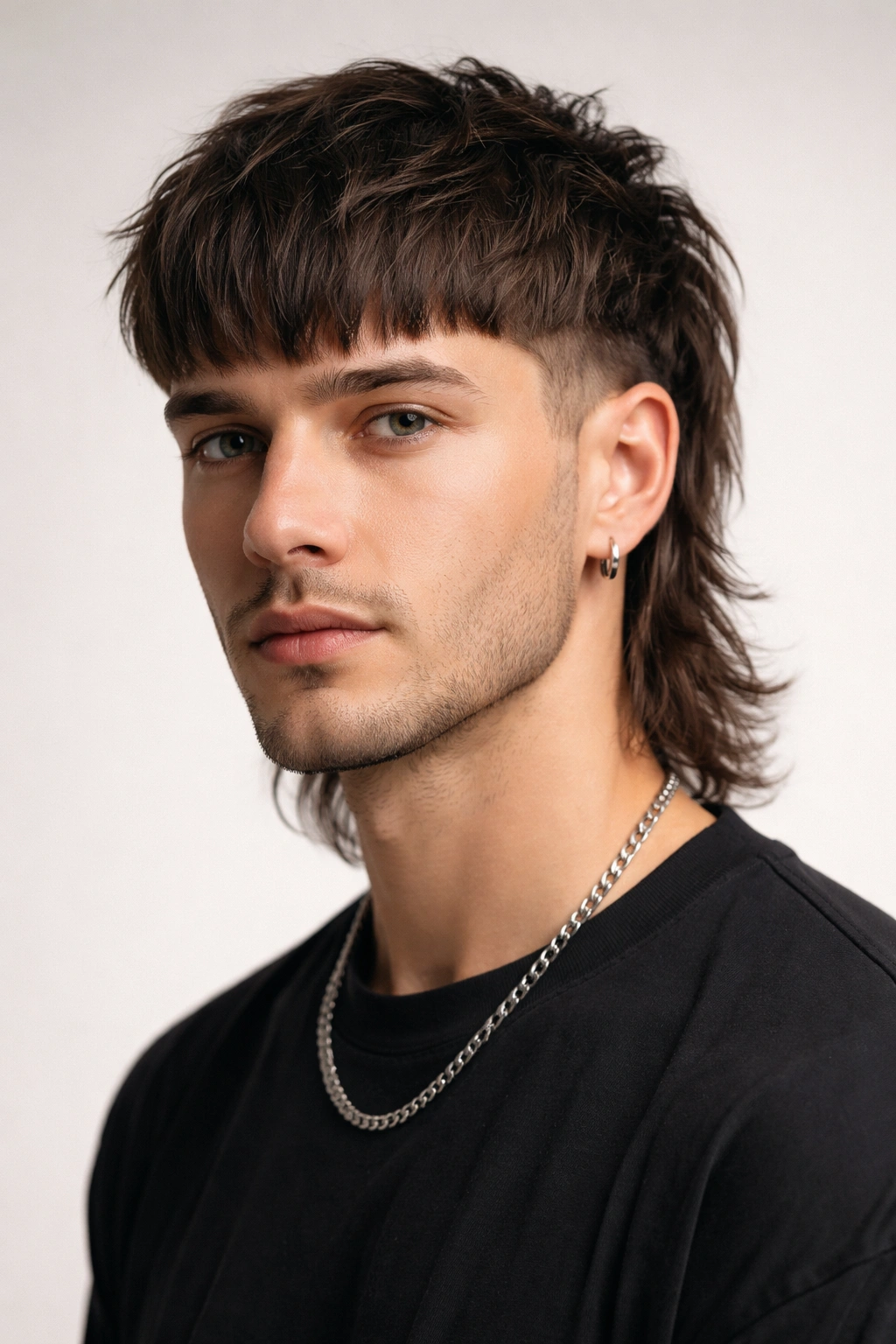 Portrait of a mullet with a fringe across the forehead
