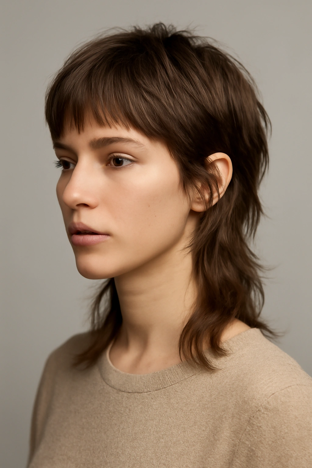 Close-up of a modern mullet with chin-length front and long back, textured hairstyle