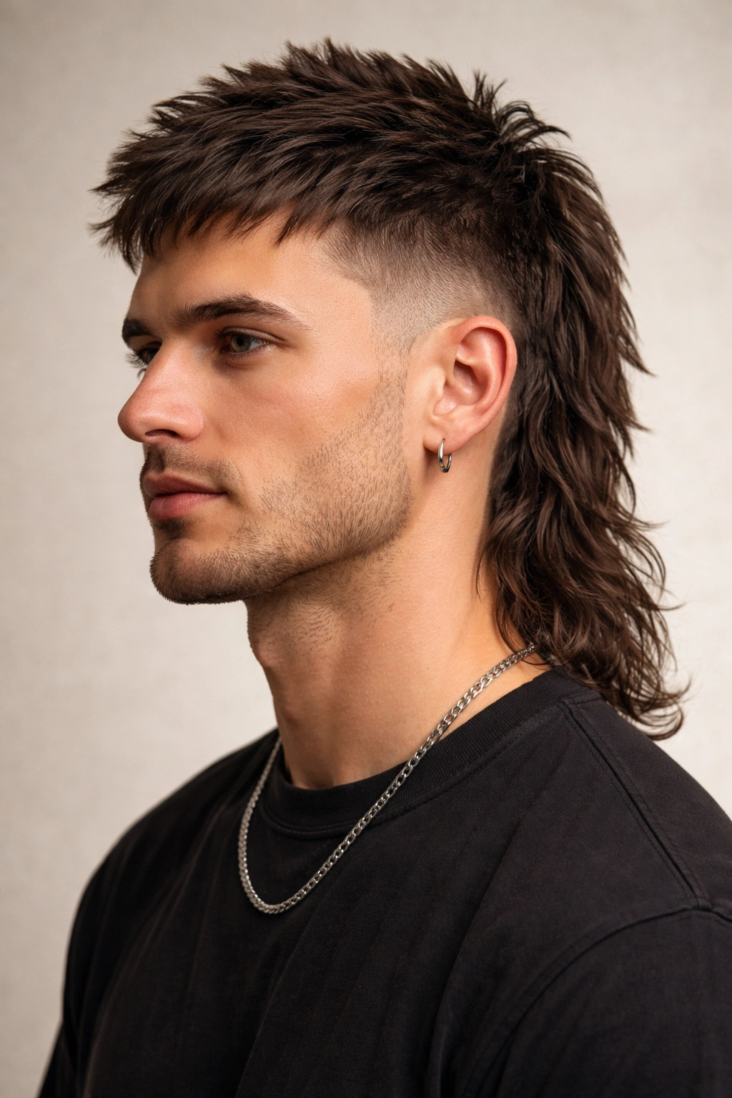 Close-up portrait of a mullet with short front and sides and long back, featuring fade and texture