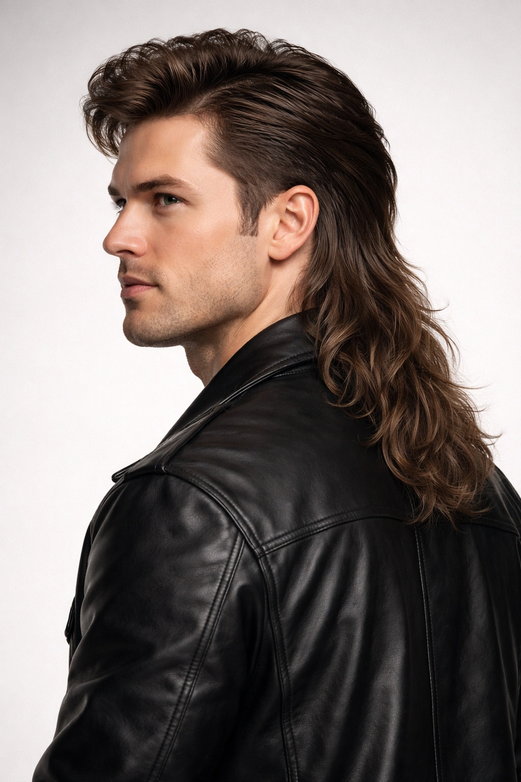 Side profile of a man with a mullet, short front and long back.