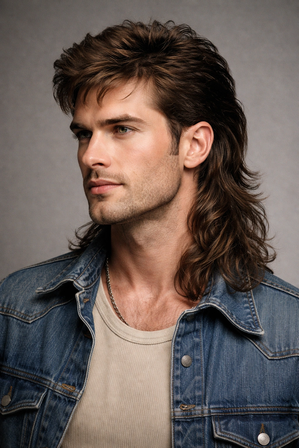Close-up portrait of The Mullet featuring short front and sides with long back, studio lighting