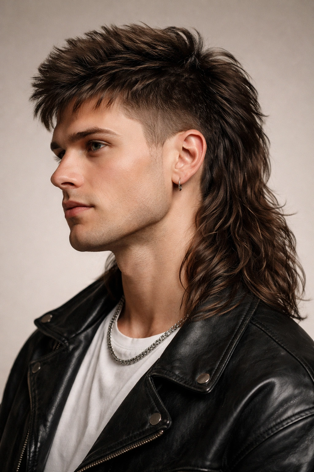 Close-up portrait of a male model showcasing a mullet with short front and long back