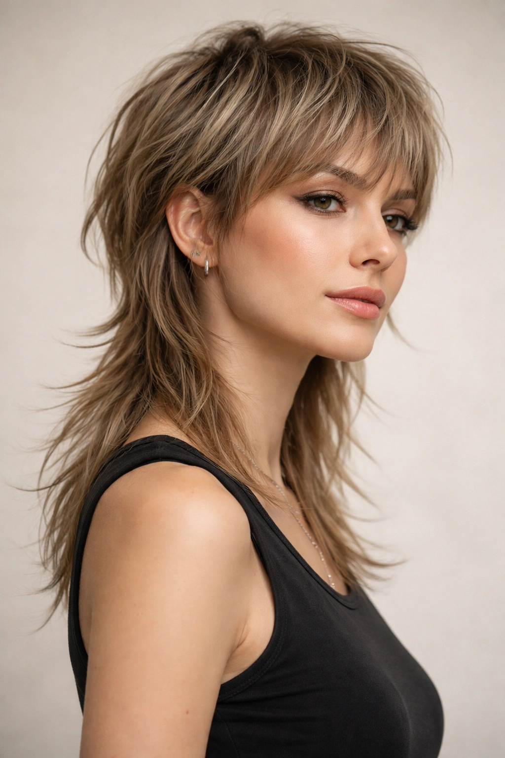 Close-up portrait of a modern mullet with short front and longer back on fine hair