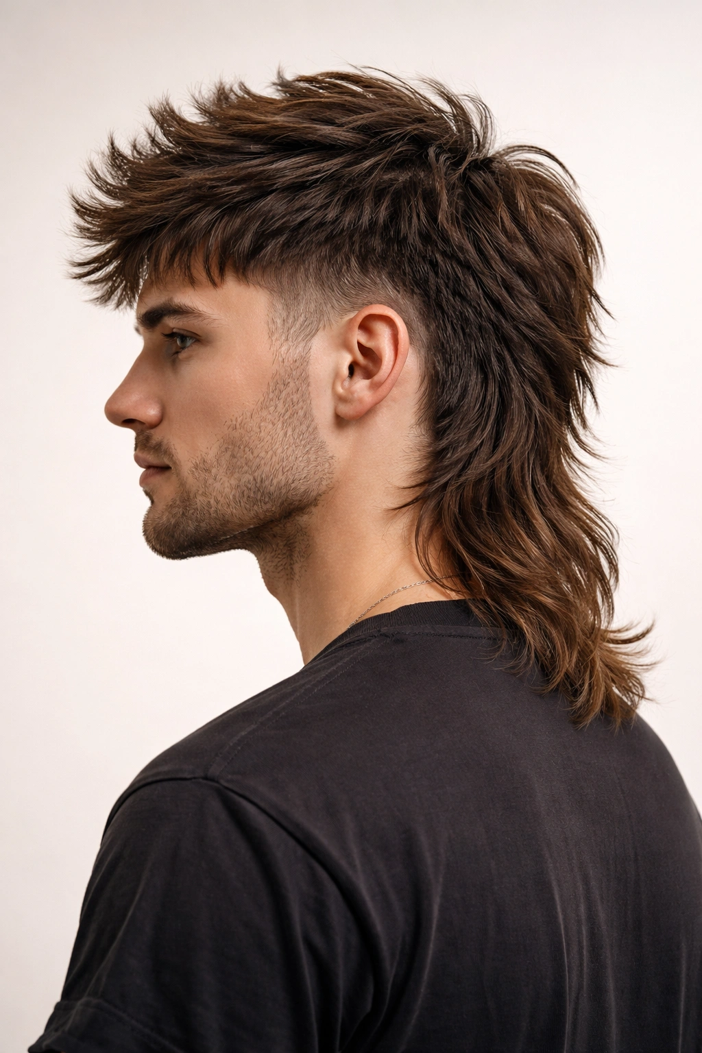 Profile view of a person with a modern mullet hybrid featuring short textured crown and longer back.