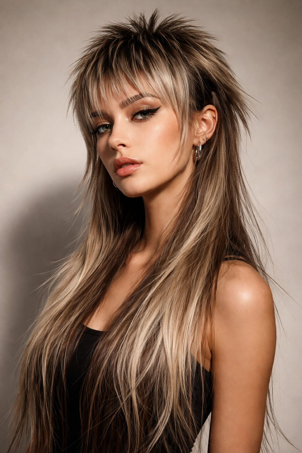 10 Jellyfish Haircuts For Trend Loving Women 4 Headshot of a model with a mullet-inspired jellyfish hybrid with dramatic top and long bottom.