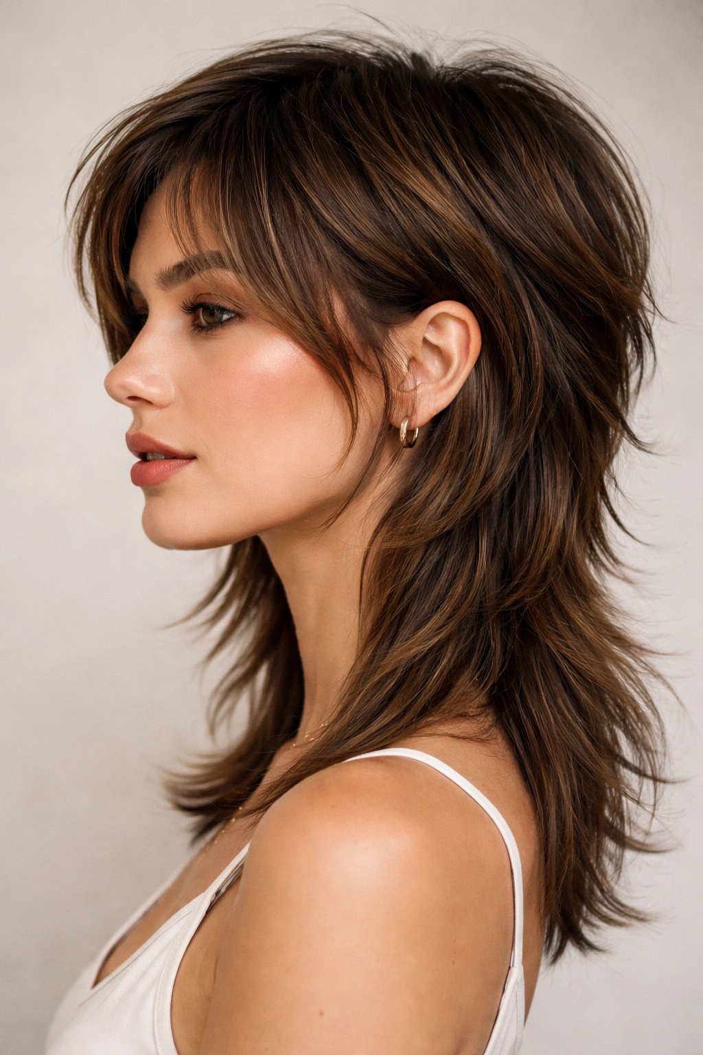 12 Face Framing Layer Cuts For Every Hair Length 7 Close-up of a mullet-inspired hairstyle with short face-framing layers and longer back