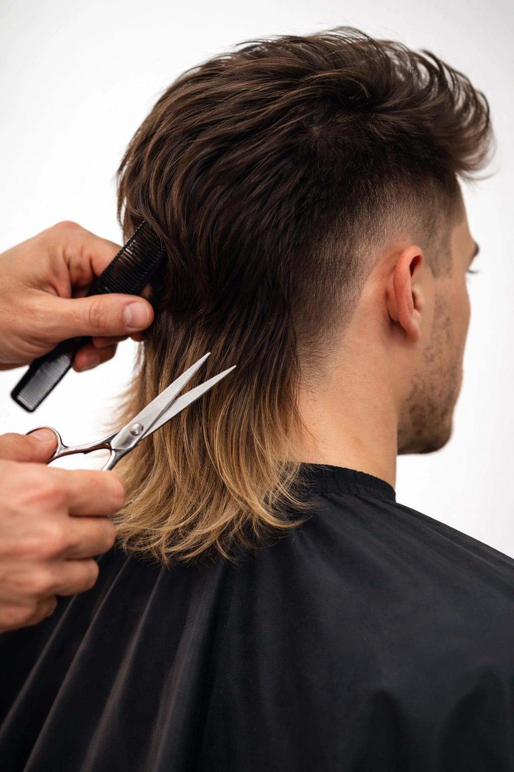 Barber trimming the back of a mullet with scissors and comb