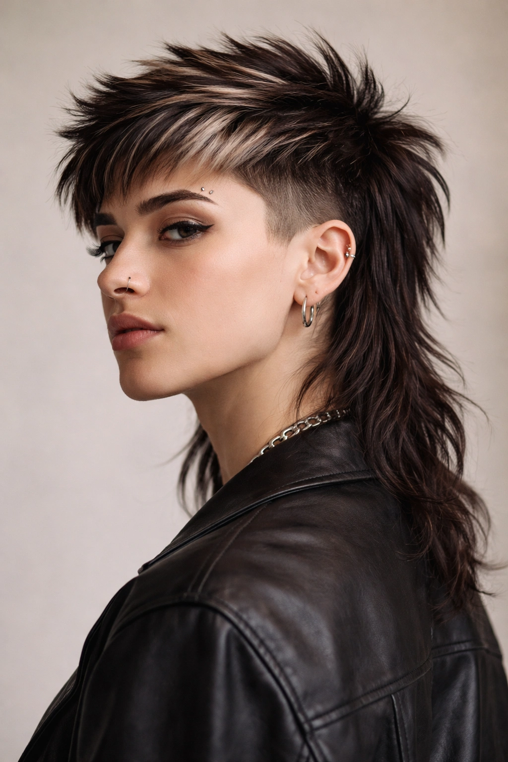 10 Queer Short Haircuts That Make A Statement 6 Portrait of a person with a modern queer mullet showing short front and crown with longer back.