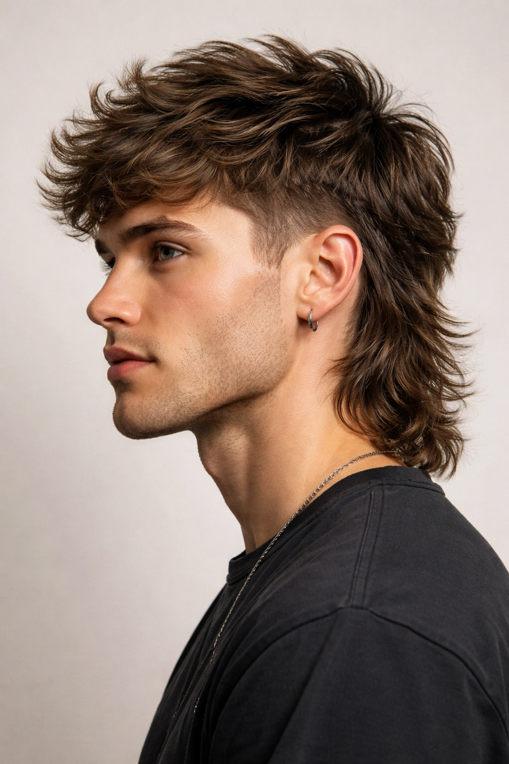 Close-up portrait of a man with a modern mullet featuring textured top and shorter sides, with longer back