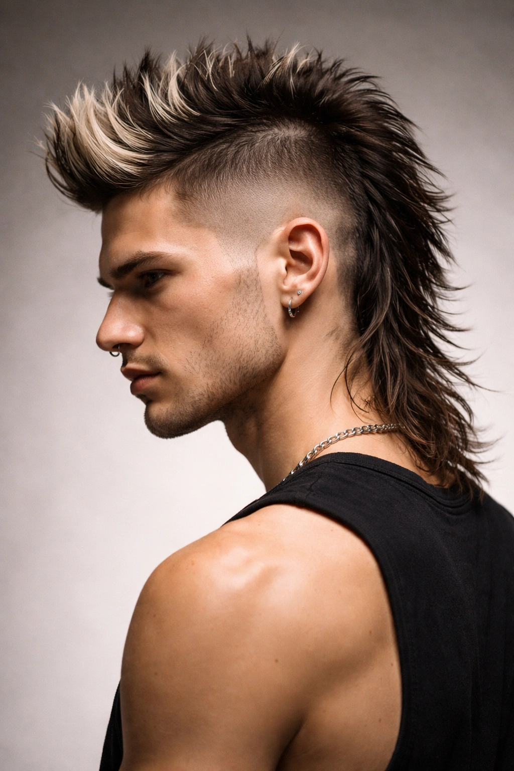 Front view of a person with a mullet mohawk hybrid featuring a center stripe