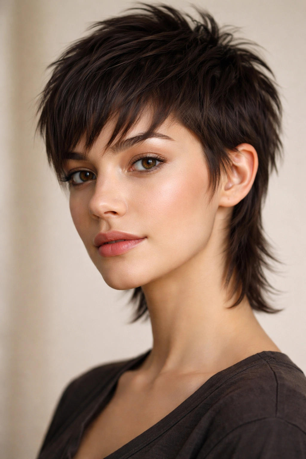 12 Pixie Haircuts With Bangs For Round Faces 11 Modern mullet pixie with forward bangs showing length contrast