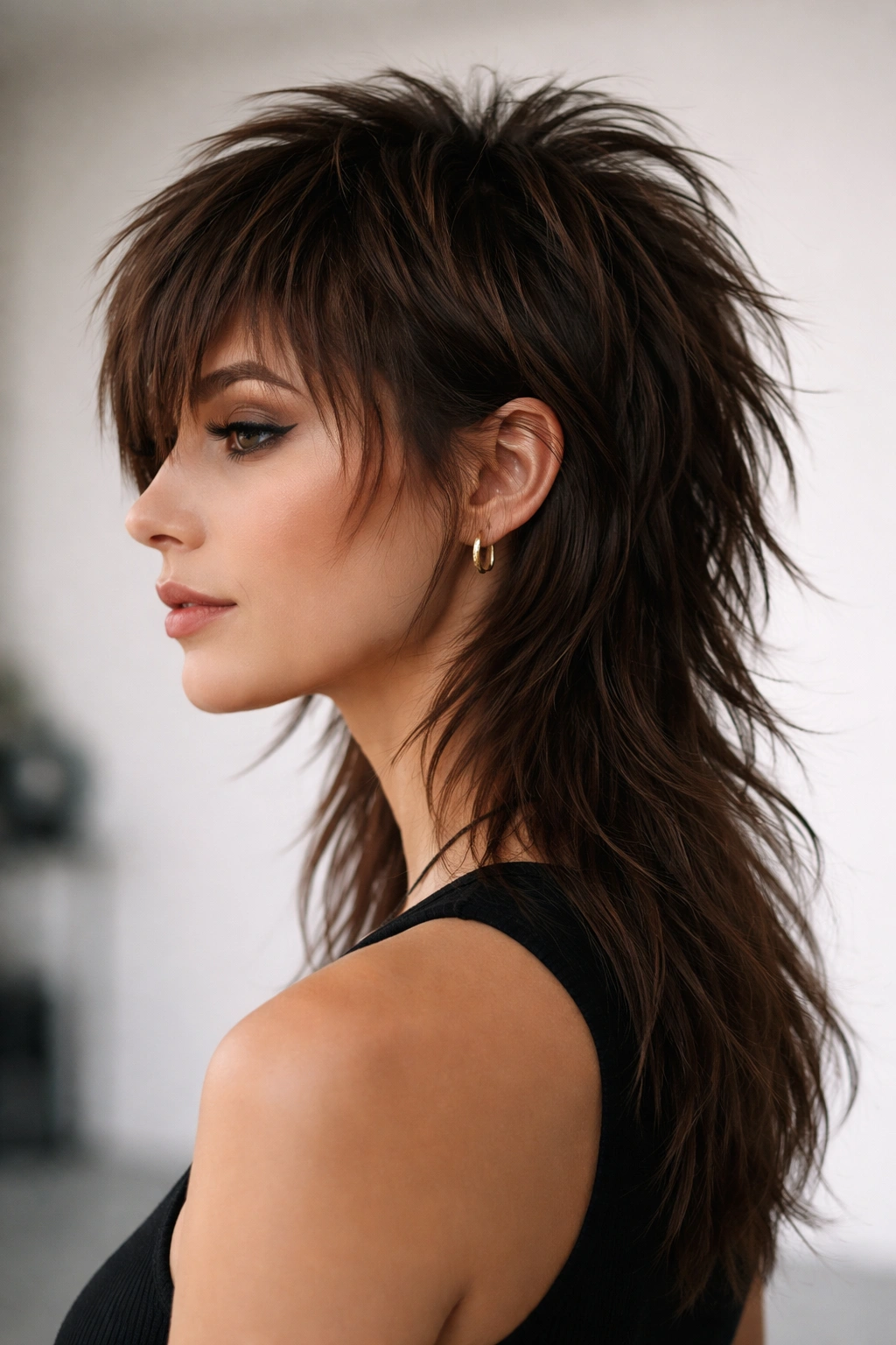 Side profile of a mullet-inspired shag with short top and long back emphasizing bold texture