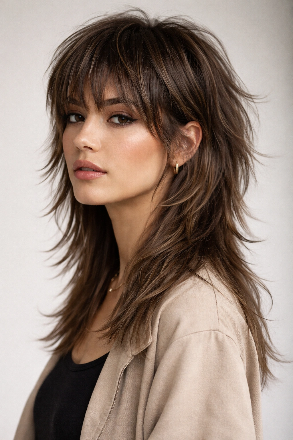 Profile view of The Modern Mullet-Shag Hybrid with short front and long textured back