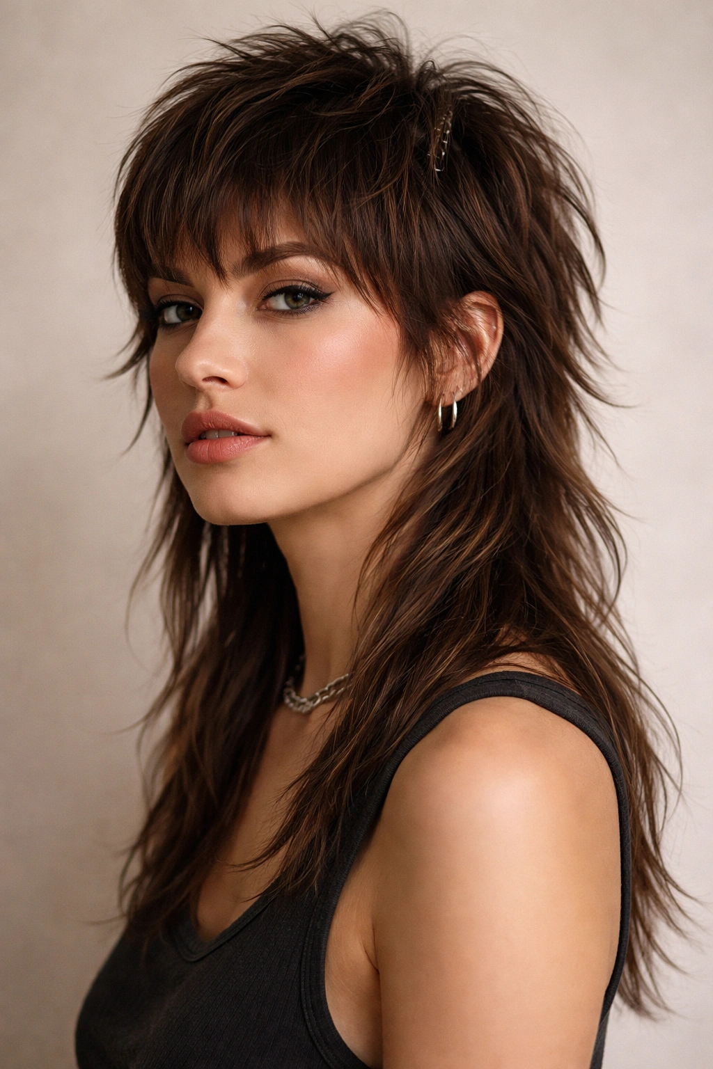 15 Medium Shaggy Hairstyles With Tons Of Texture 7 Portrait of a person with a mullet shag featuring short crown and long back.