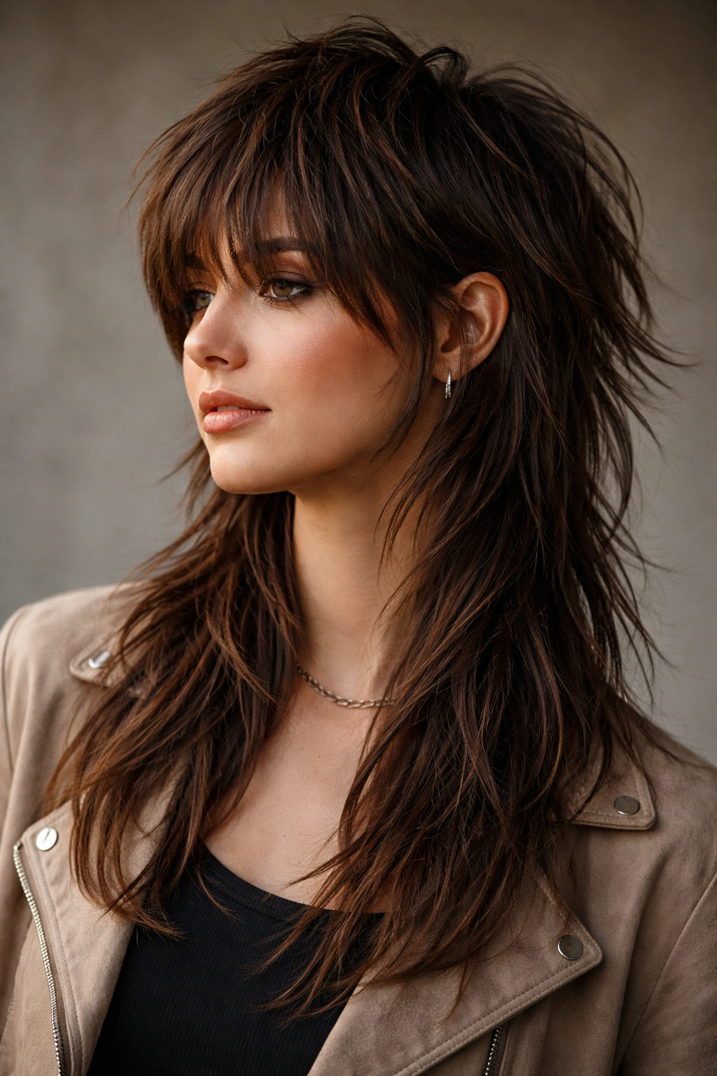 18 Textured Shag Layered Cuts With Great Movement 2 Portrait of a person with modern mullet shag showing short front and long back in studio