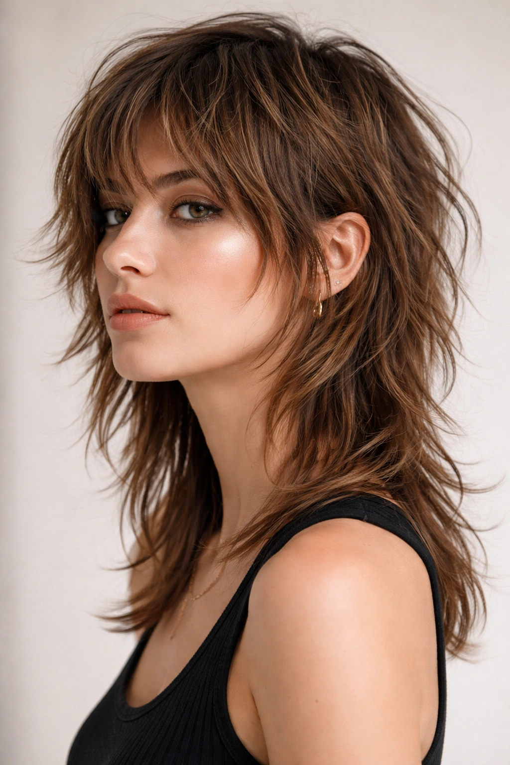 Portrait of a person with a tousled mullet shag and textured layers.