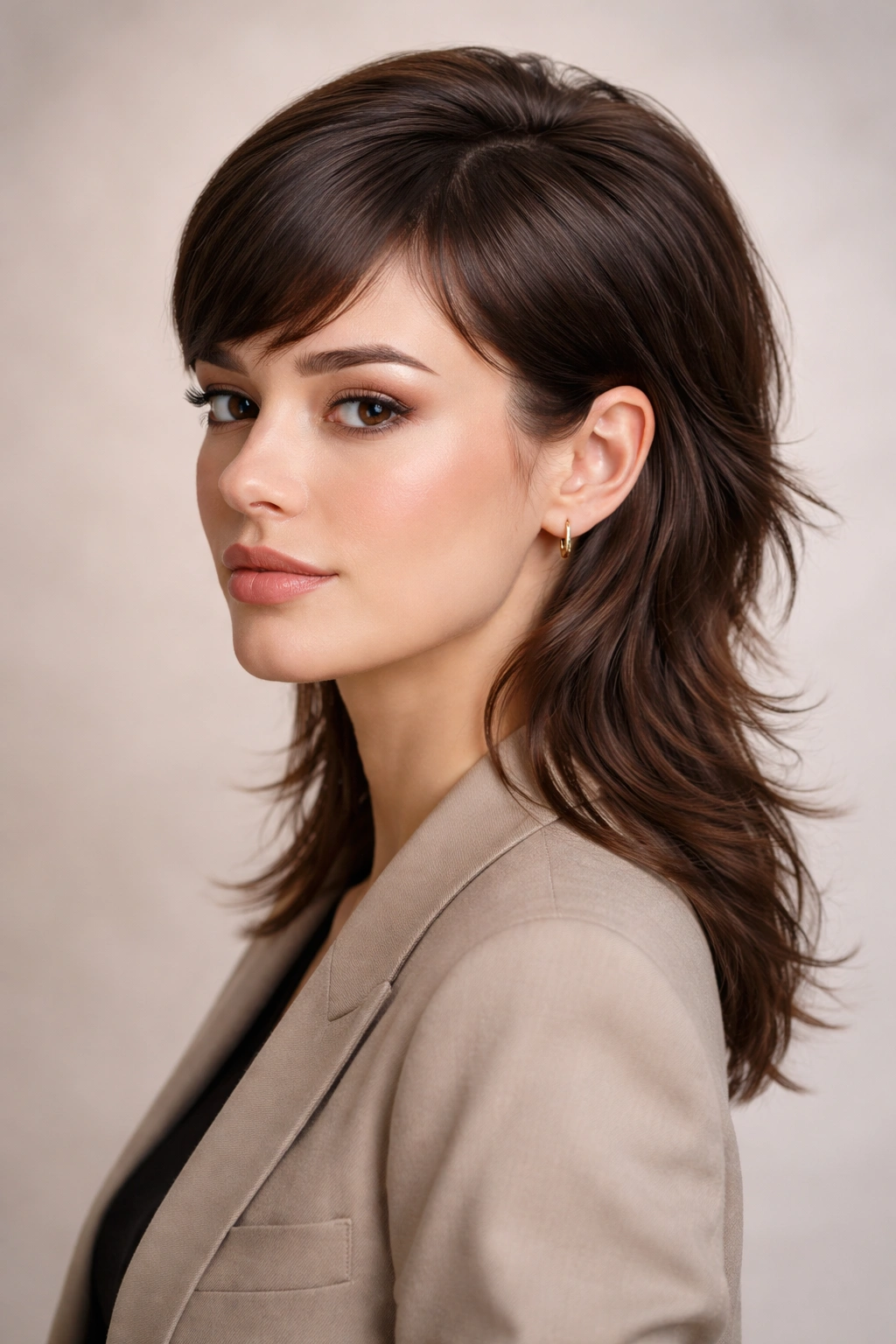 Close-up portrait of a person with a mullet featuring a smooth crown and textured back