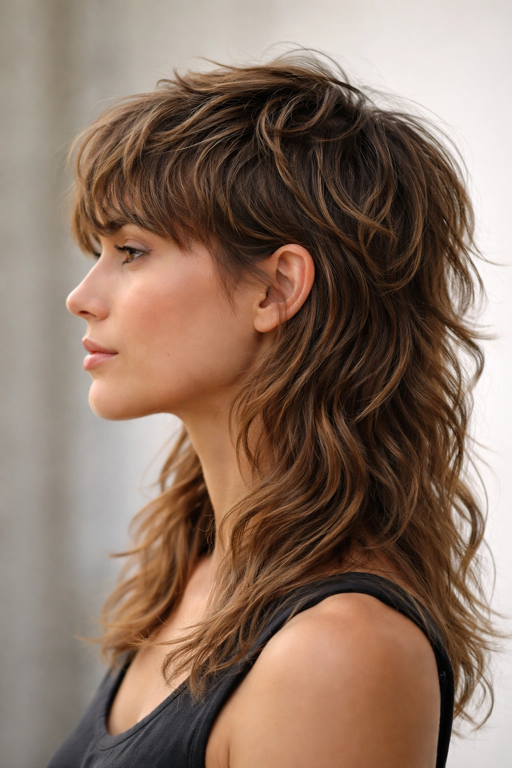 Modern mullet with soft waves and longer back in profile