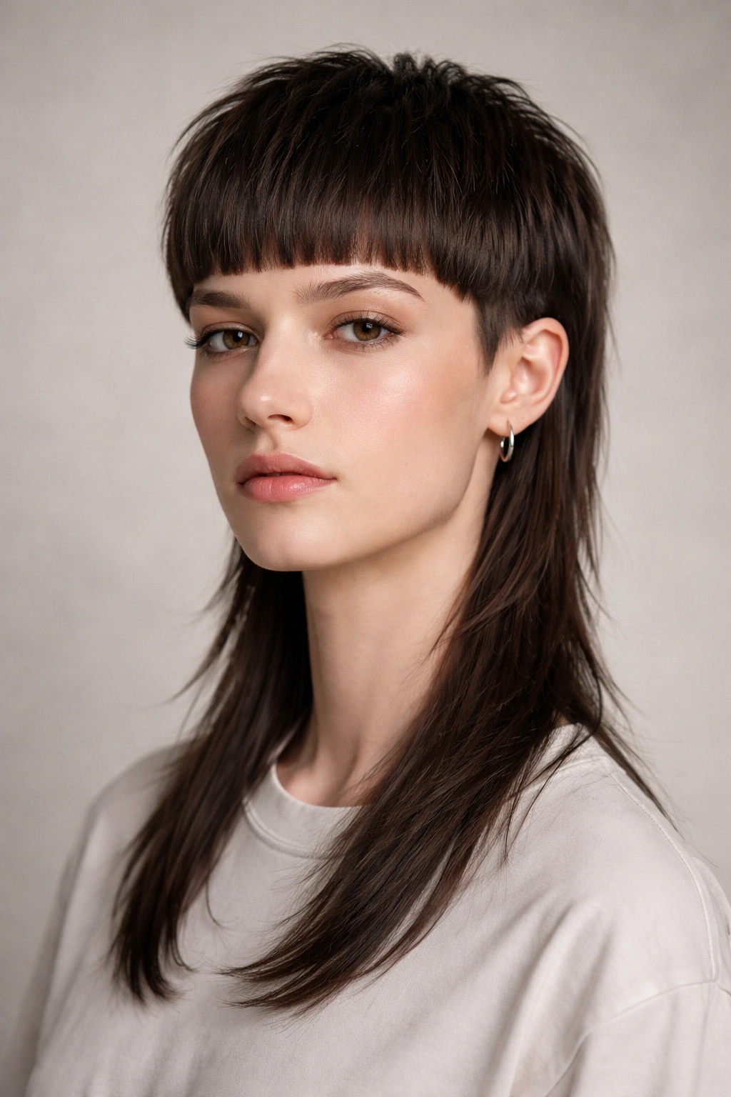 12 Straight Hair Mullet Cuts That Actually Work 13 Portrait of a person with a straight-hair mullet highlighting sharp front and longer back