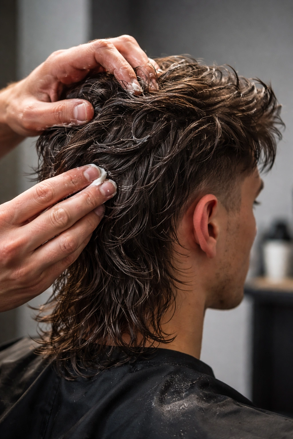 Hands applying styling product to a textured mullet on damp hair