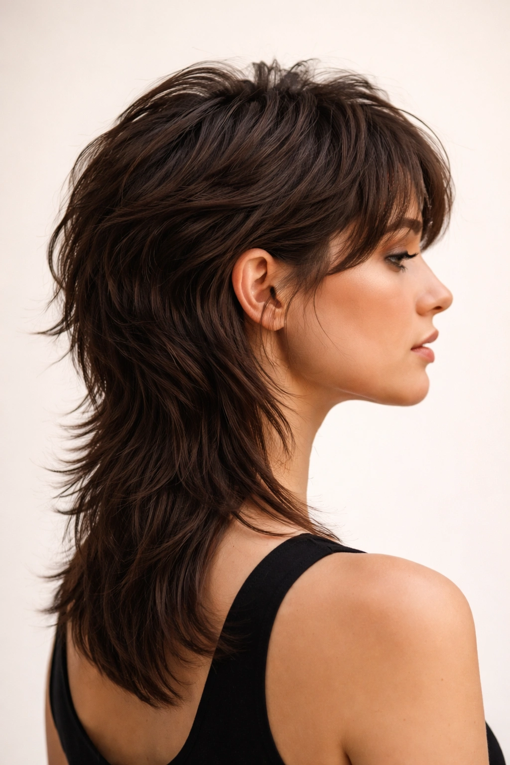 Side profile of a thick-haired mullet with tapered nape and longer back