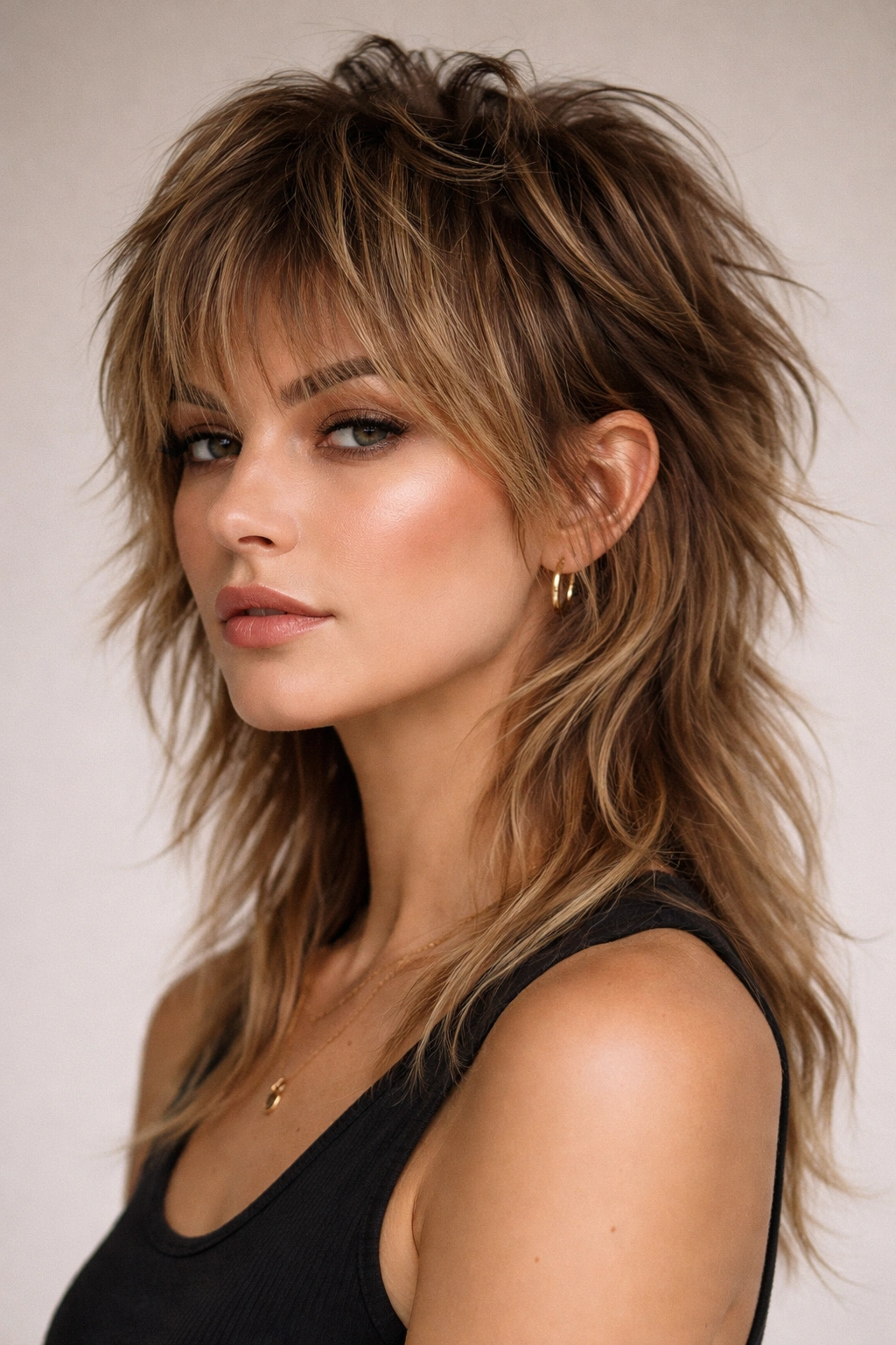 Close-up portrait of a person with a choppy textured mullet showing volume on top and a longer back