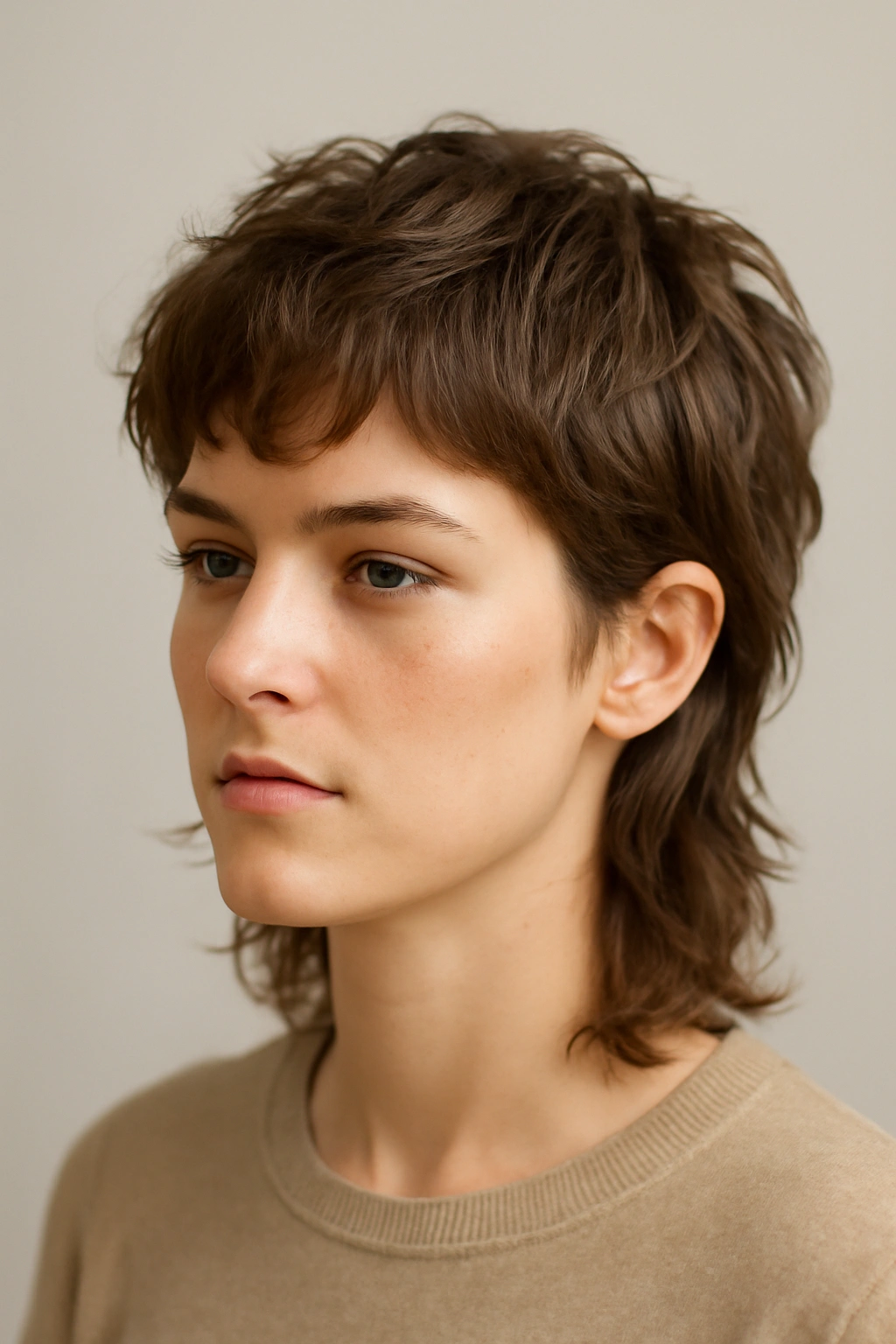 Portrait of a person with a modern mullet featuring textured, layered hair for a soft jawline.