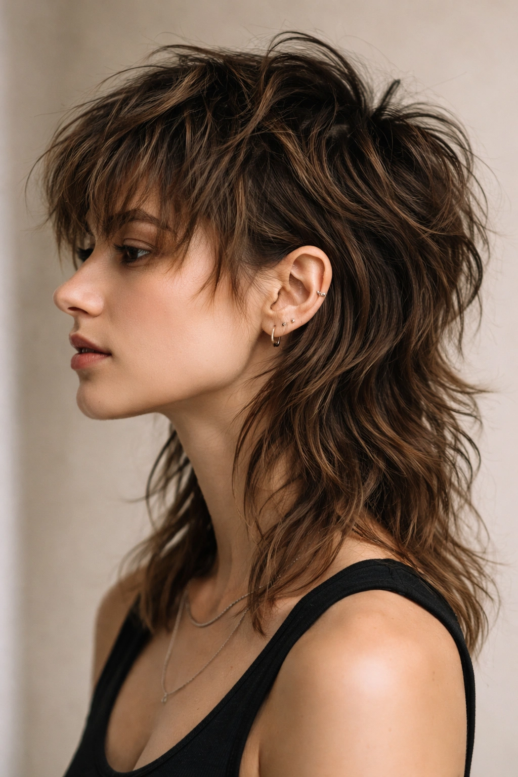 10 Messy Textured Haircuts With Effortless Volume 7 Close-up profile of a person with a tousled mullet showing short front layers and longer textured back