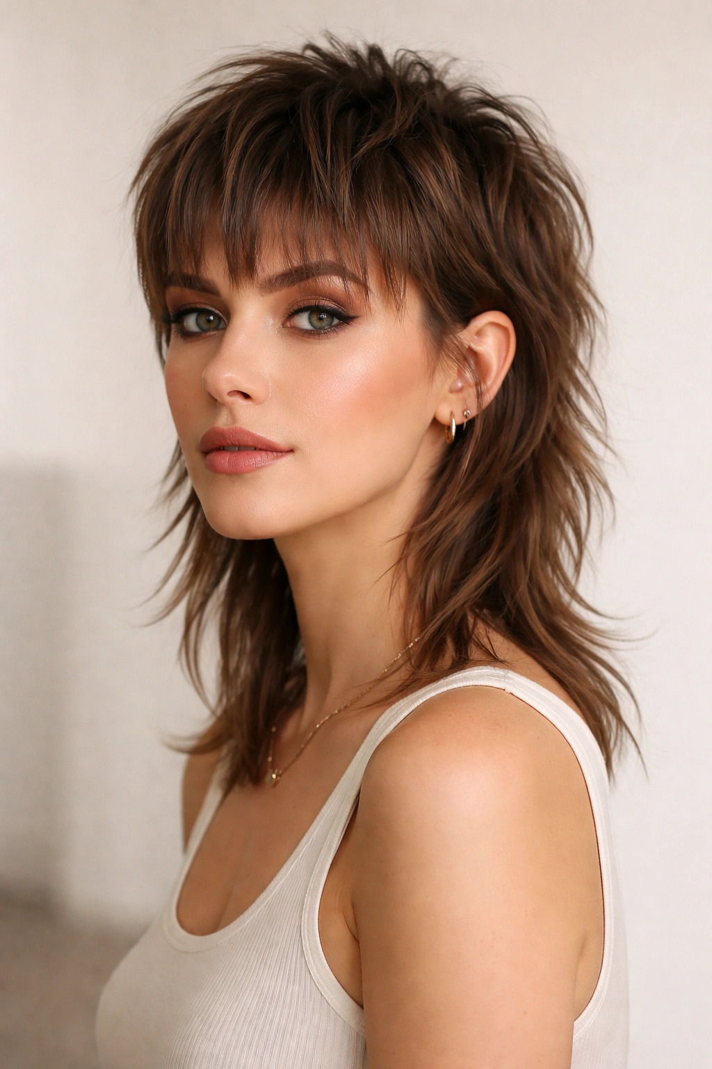 Modern Mullet with Textured Bangs hairstyle on a model; short front, long textured back with choppy bangs, studio lighting.