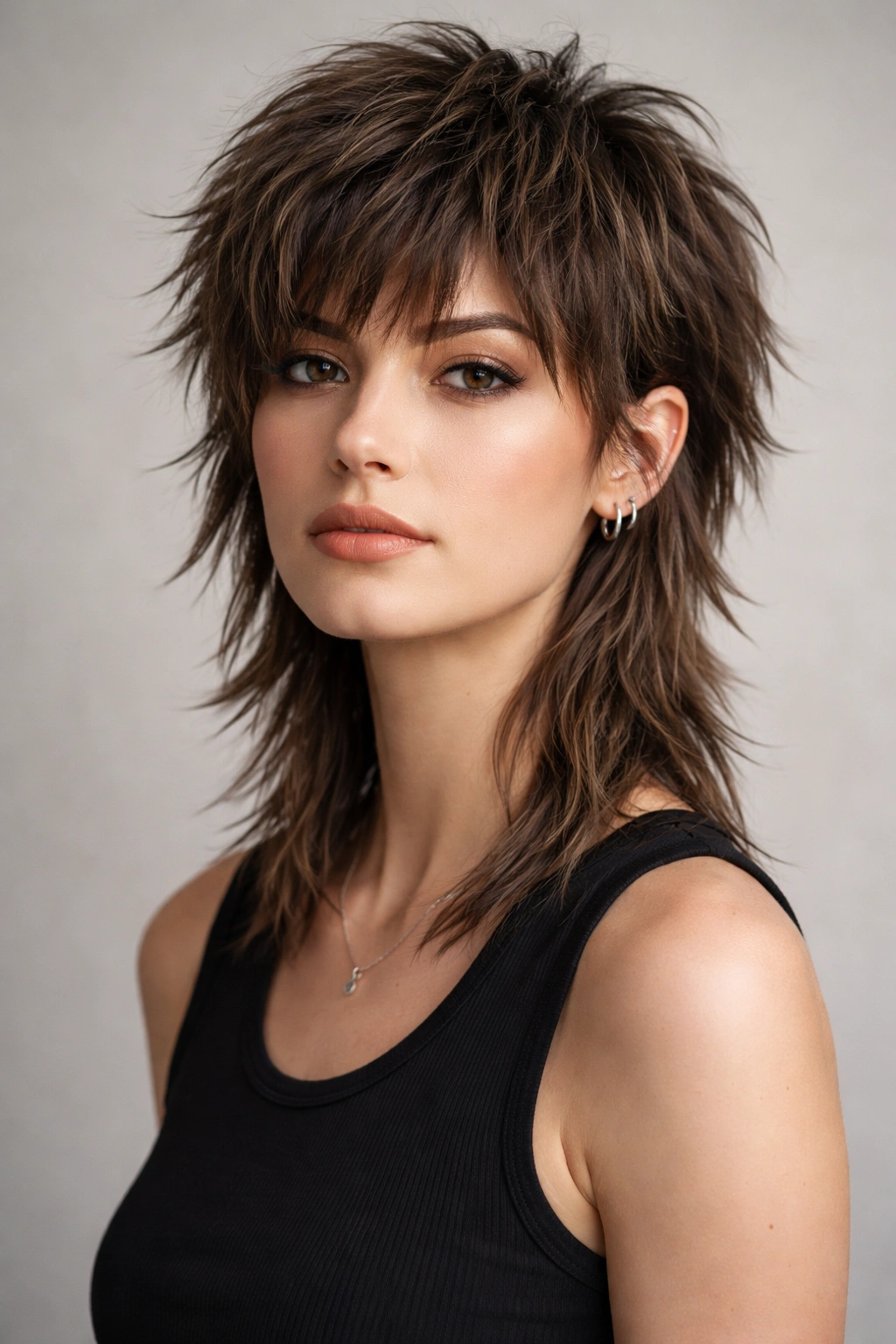Close-up of choppy mullet hairstyle with textured layers on top and back