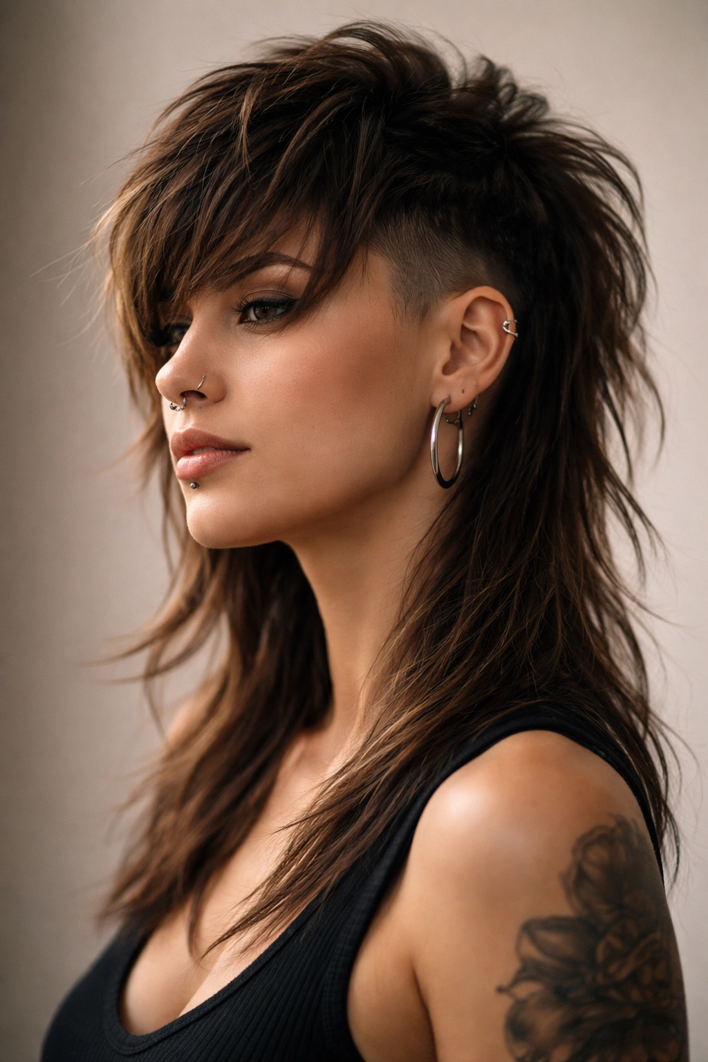 12 Mullet Undercut Styles For Bold Women To Try 13 Close-up portrait of a bold woman with a mullet undercut, highlighting sharp undercut and flowing textured top