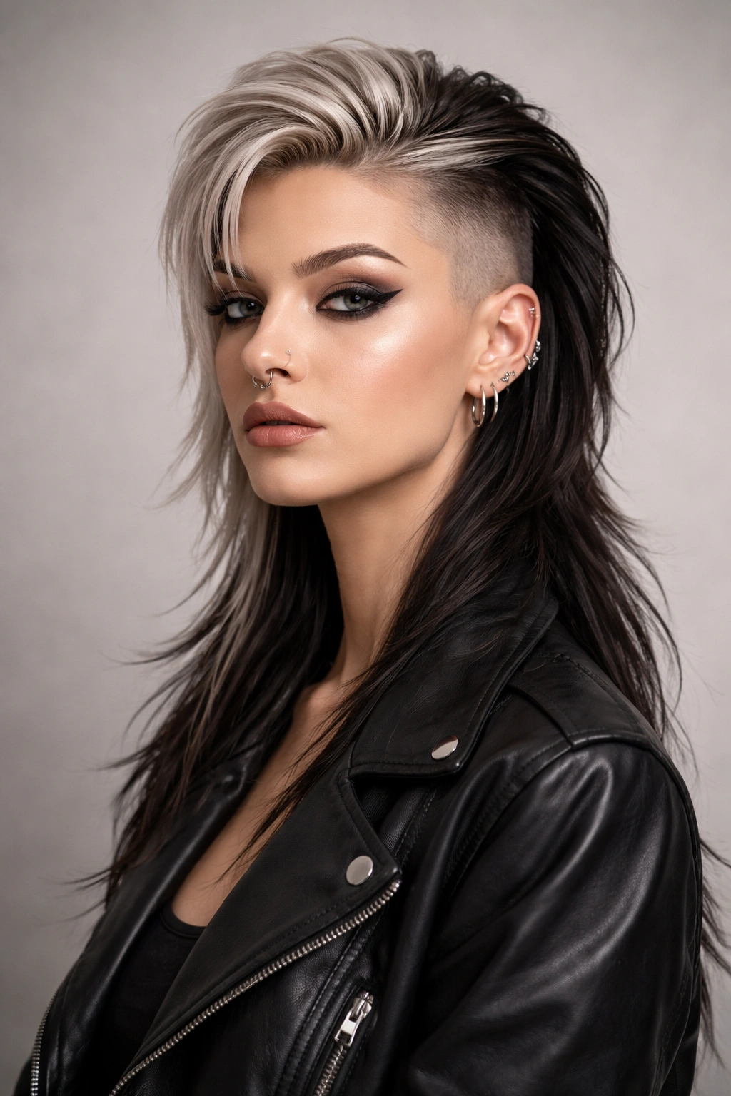 Portrait of a bold woman with a mullet undercut in a studio setting, hair contrast highlighted
