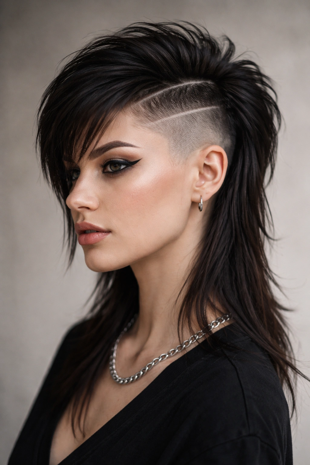 12 Mullet Undercut Styles For Bold Women To Try 1 Close-up portrait of a person with a sharp modern mullet undercut featuring a fade, defined hard part, and long crown