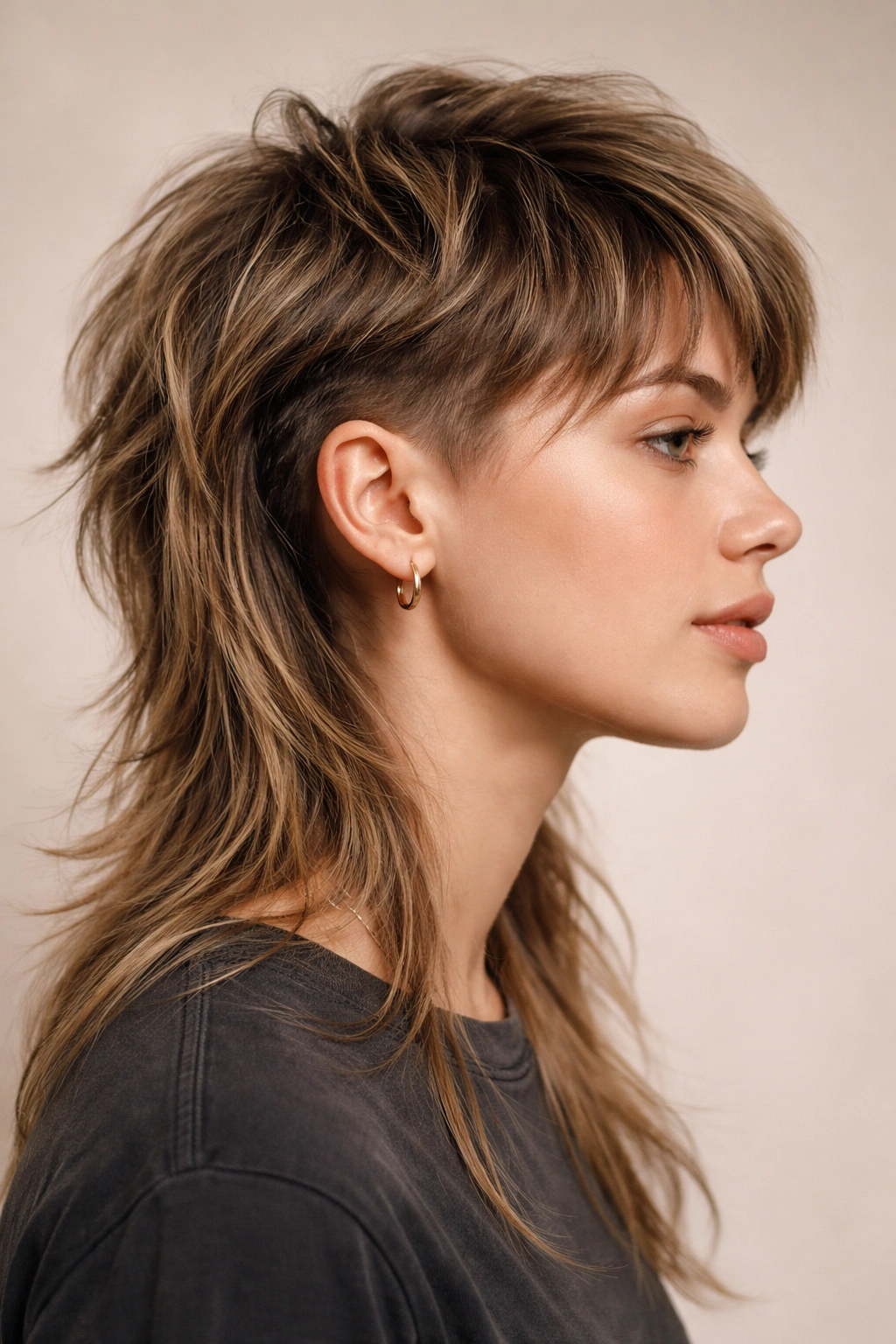 Close-up portrait of a person with a mullet featuring a textured, feathered undercut