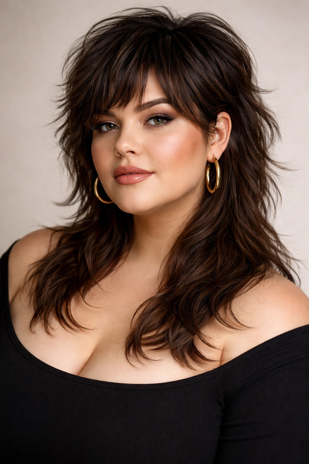 Close-up portrait of a plus-size model with a textured mullet featuring a short front and long back