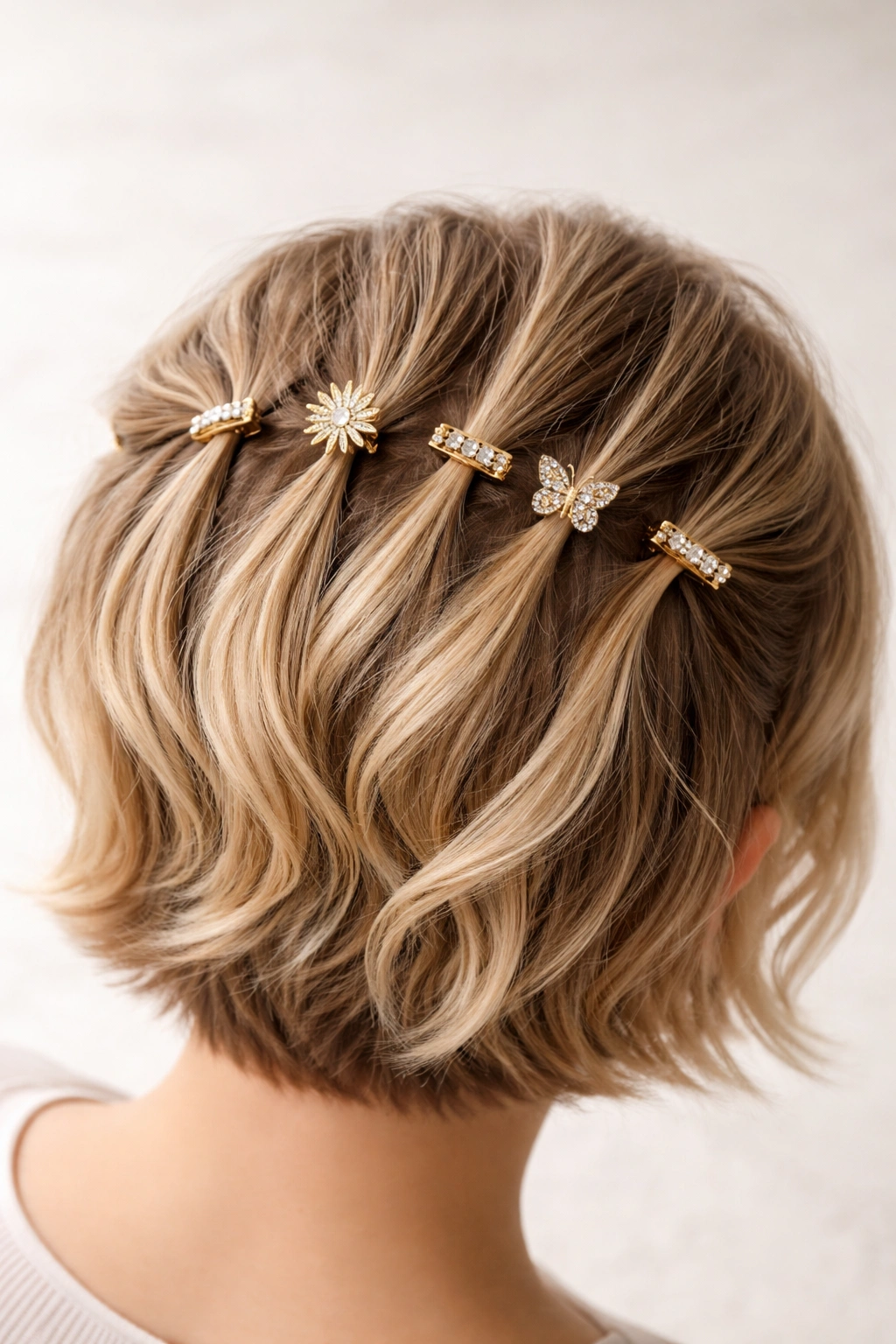 Top view of five small clips lined along the hair crown