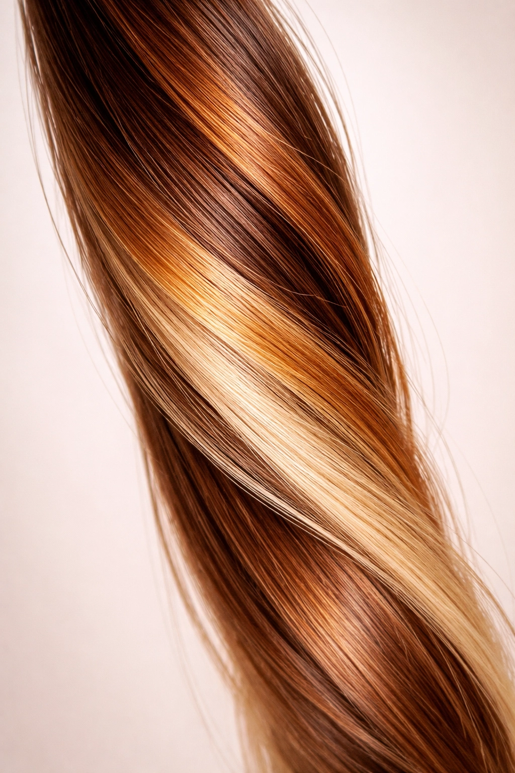 Macro shot of multi-tonal hair showing many colors along a strand.
