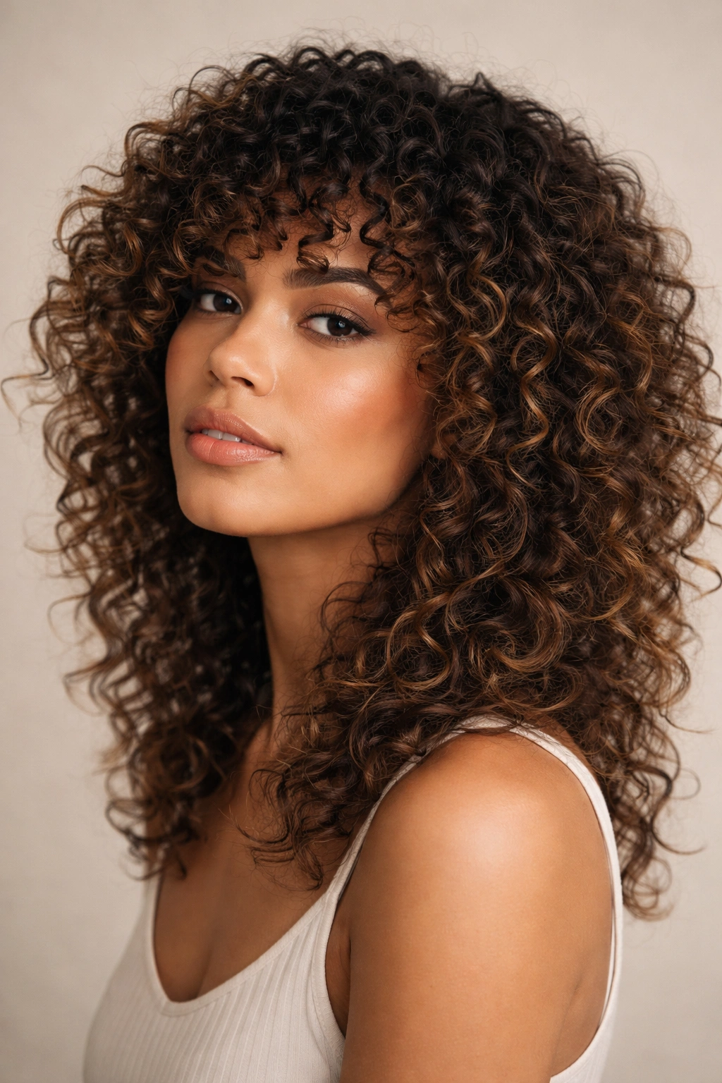 Close-up of mixed curl textures with tight roots and looser ends