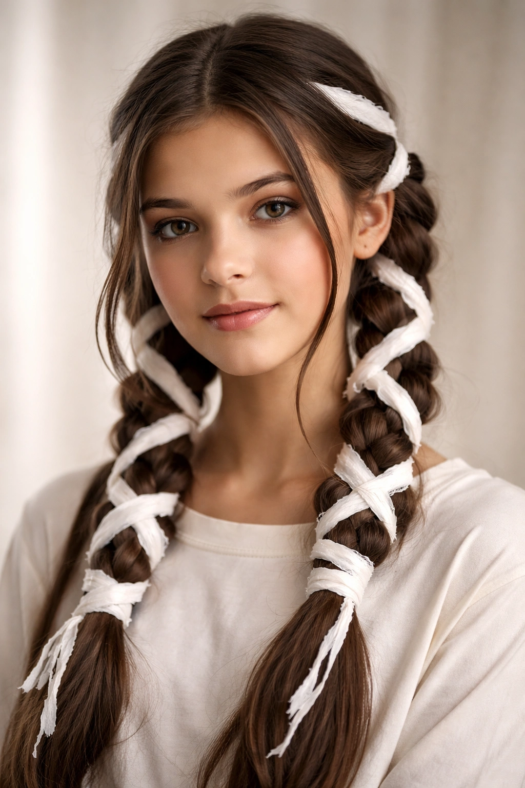 Close-up of a student’s hair in mummy wrap braids with white fabric woven through braids