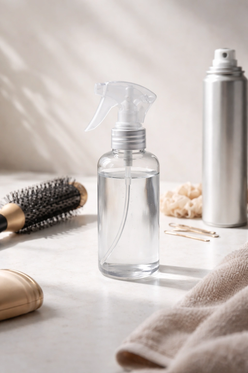 Minimal styling spray bottle and tool silhouette as studio still life