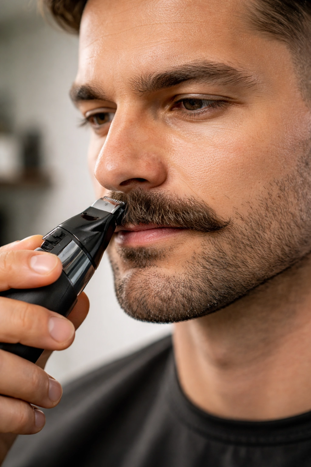 Hands trimming a mustache with a precision trimmer in a focused close-up