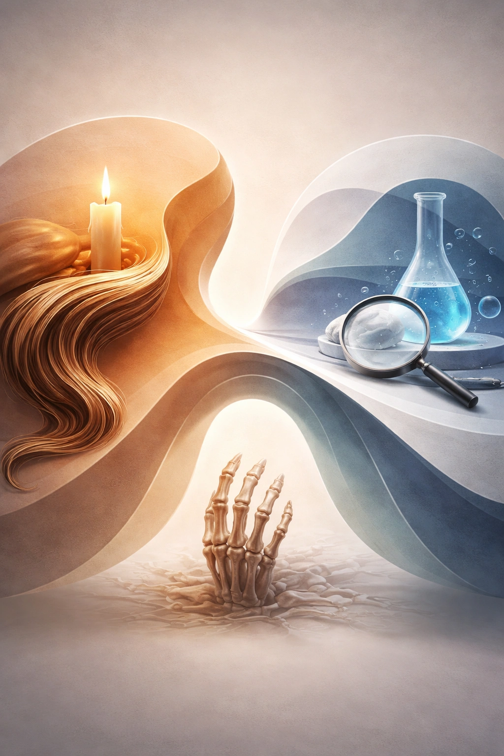 Abstract depiction of science vs myth about postmortem hair and nail growth.