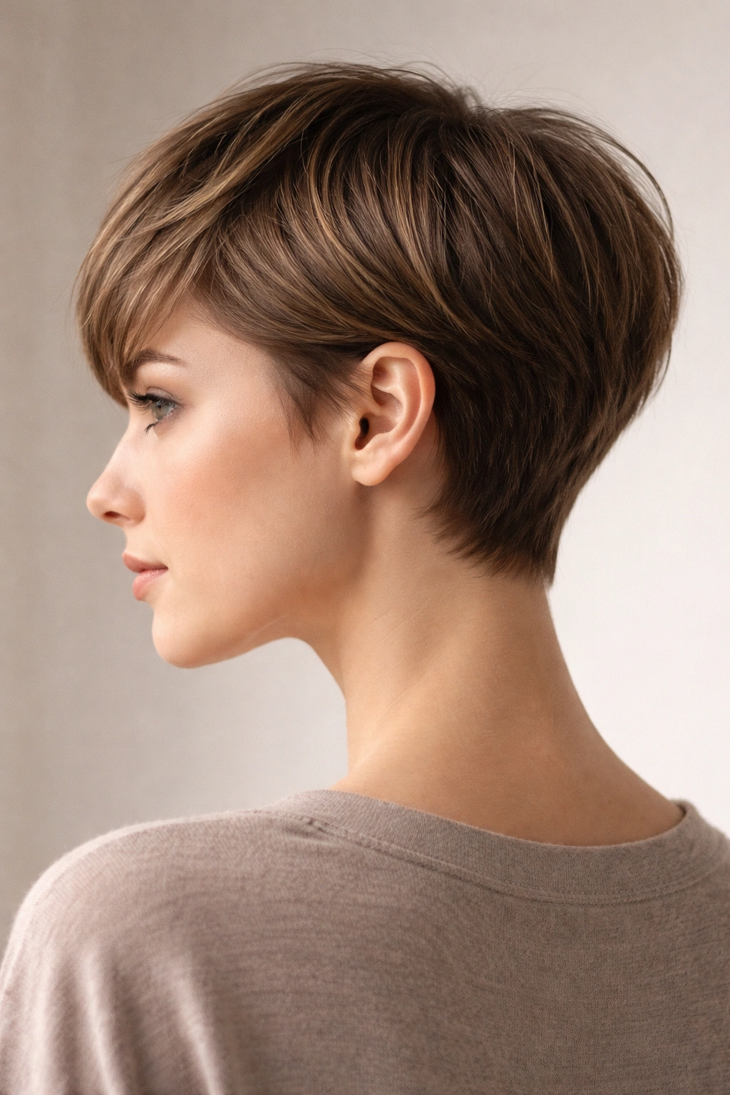 Profile view of a person with a nape-grazing pixie cut showing back length and short sides