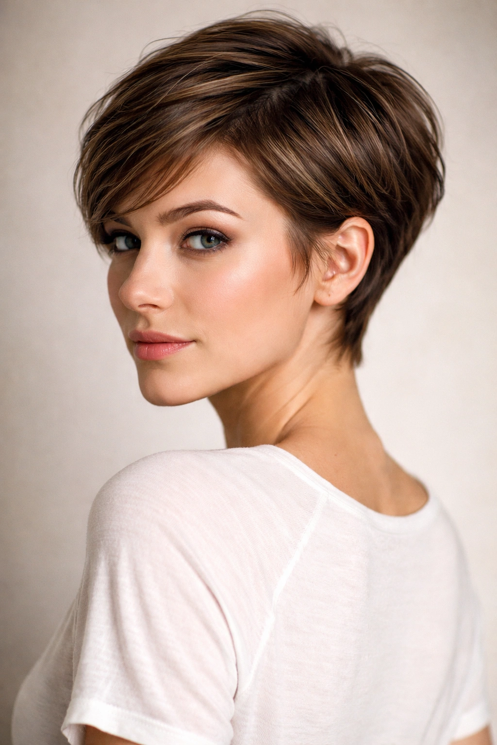 15 Pixie Cuts That Suit Every Face Shape 7 Close-up portrait of a model with a nape-length pixie showing cheekbone width and nape length