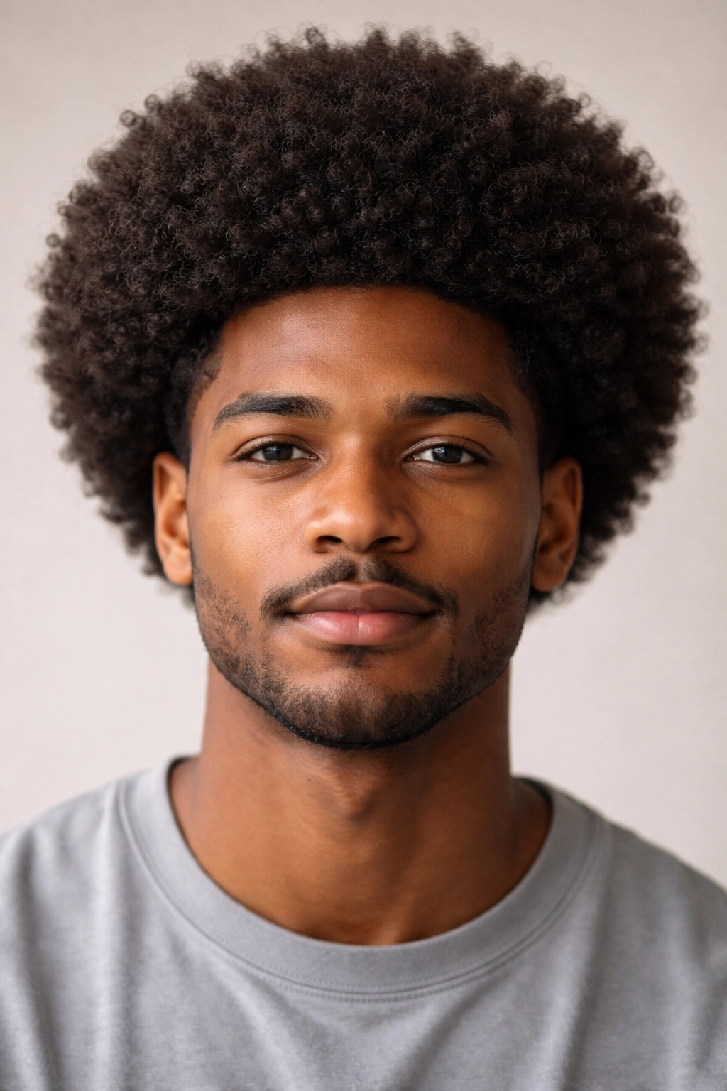 Close-up of a natural Afro hairstyle with uniform curls around the head.