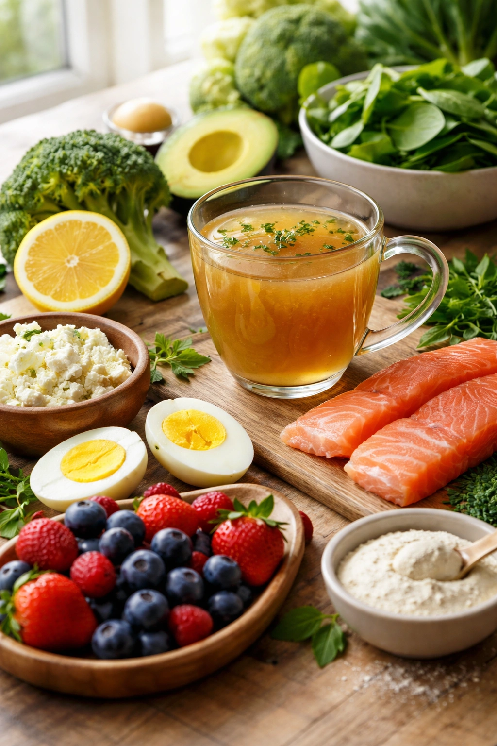 Bone broth, citrus, and greens on a wooden table