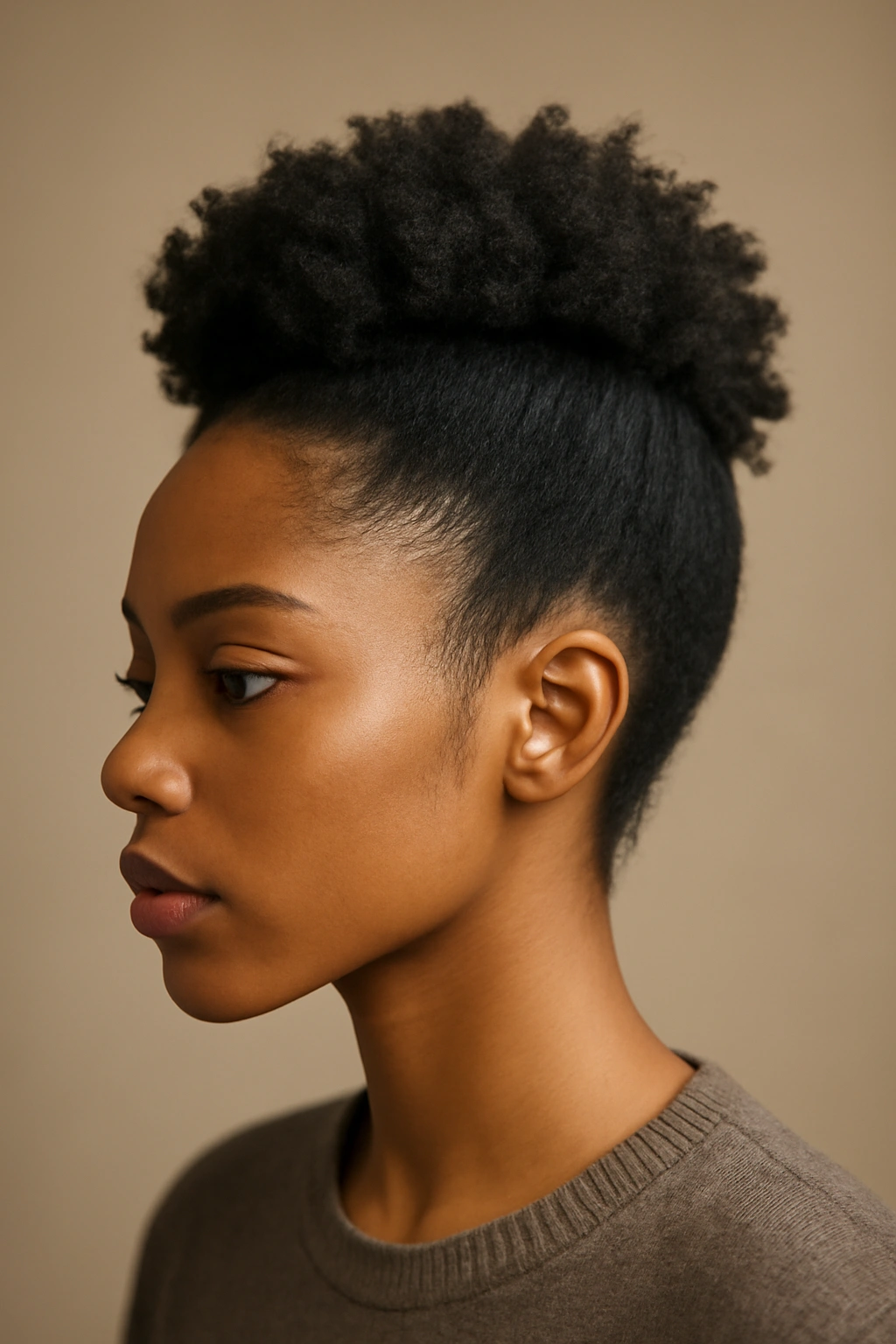 12 Short 4C Hairstyles That Look Effortlessly Good 12 Profile view of 4C hair with a natural defined crown and brushed-back edges.