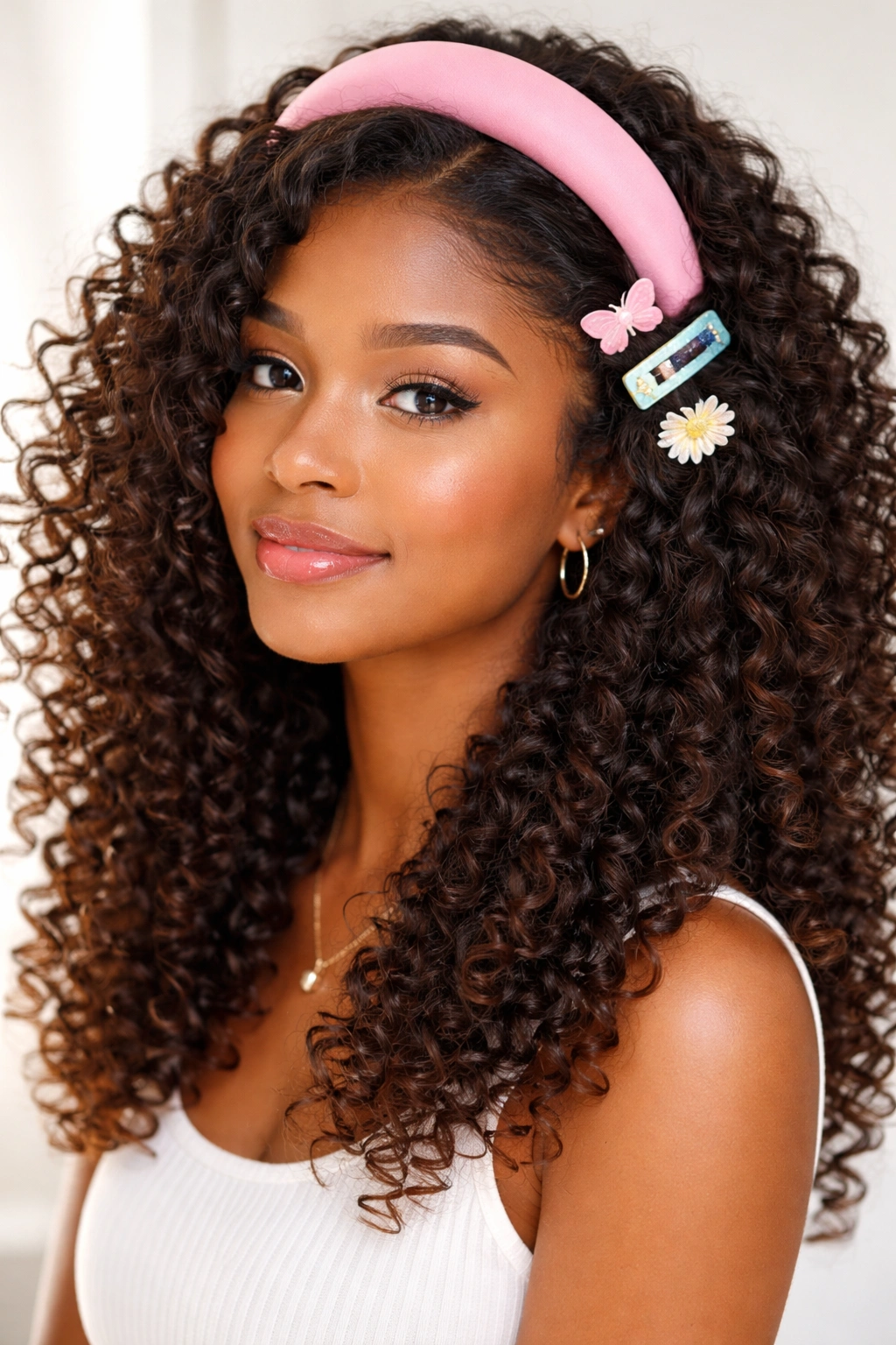 Close-up of natural curly hair with colorful clips and headband